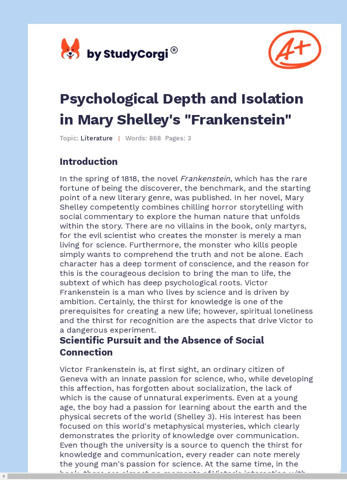 Psychological Depth and Isolation in Mary Shelley's "Frankenstein". Page 1