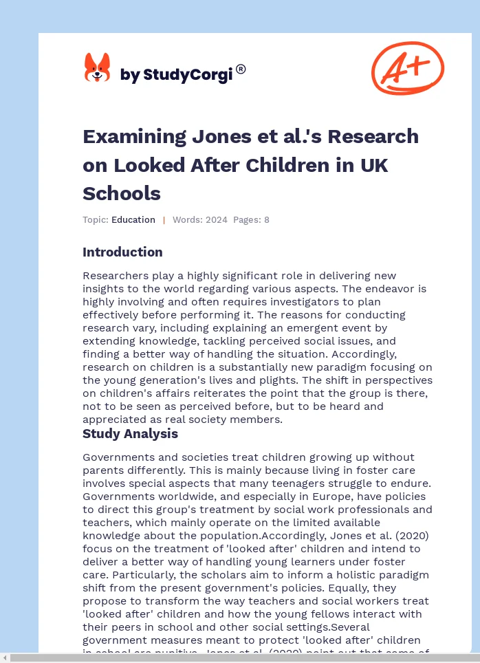Examining Jones et al.'s Research on Looked After Children in UK Schools. Page 1