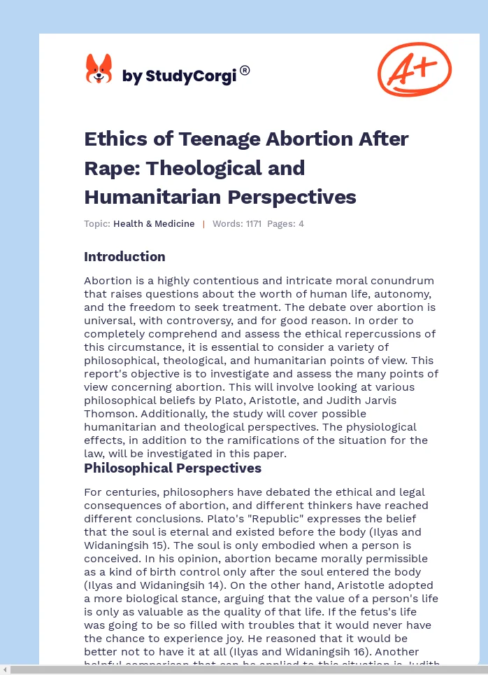 Ethics of Teenage Abortion After Rape: Theological and Humanitarian Perspectives. Page 1
