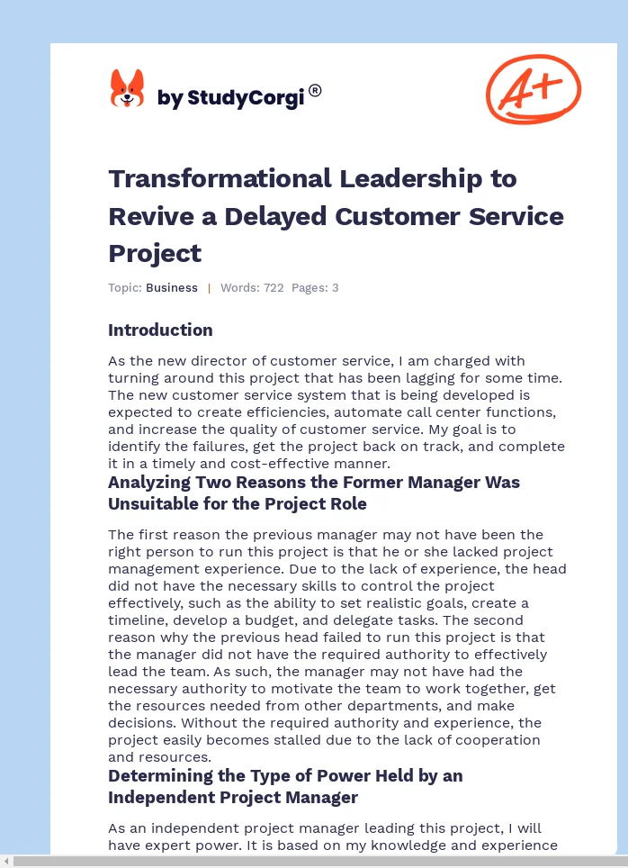 Transformational Leadership to Revive a Delayed Customer Service Project. Page 1
