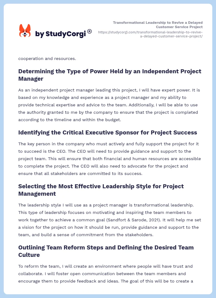 Transformational Leadership to Revive a Delayed Customer Service Project. Page 2