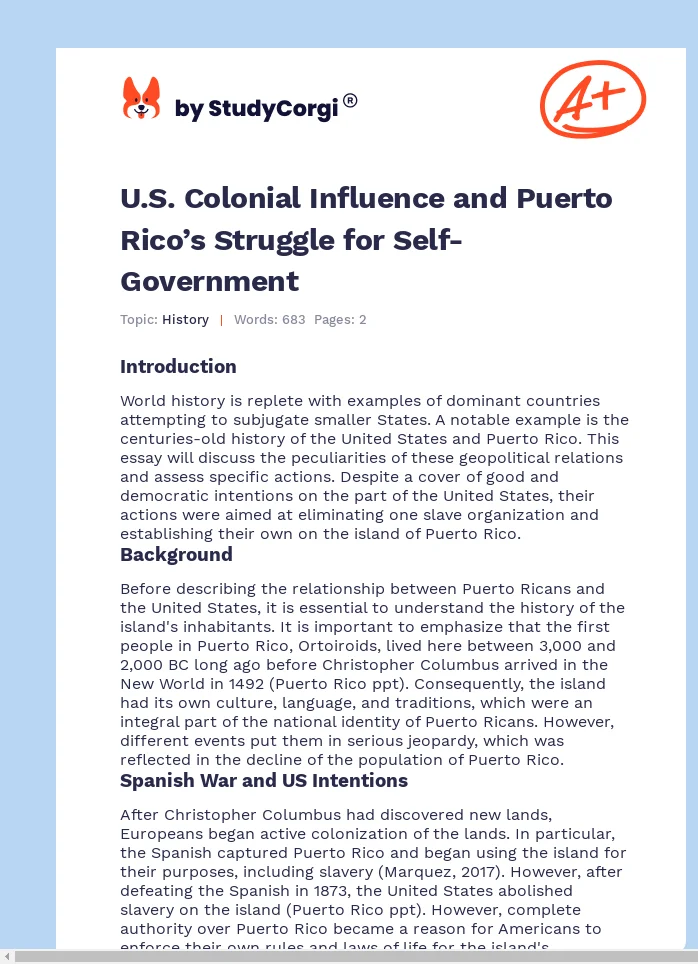 U.S. Colonial Influence and Puerto Rico’s Struggle for Self-Government. Page 1