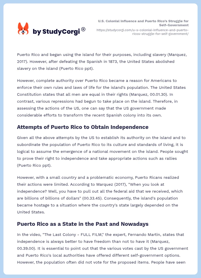 U.S. Colonial Influence and Puerto Rico’s Struggle for Self-Government. Page 2