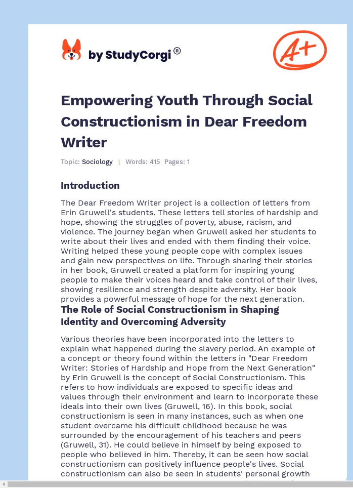 Empowering Youth Through Social Constructionism in Dear Freedom Writer. Page 1