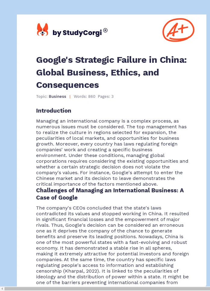 Google's Strategic Failure in China: Global Business, Ethics, and Consequences. Page 1