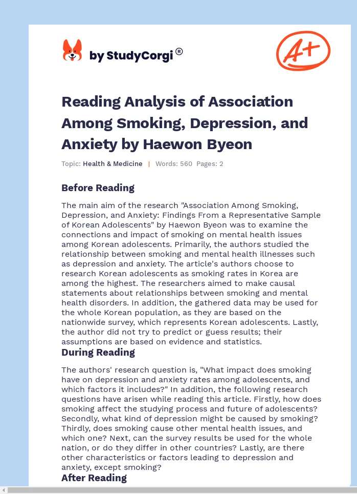 Reading Analysis of Association Among Smoking, Depression, and Anxiety by Haewon Byeon. Page 1