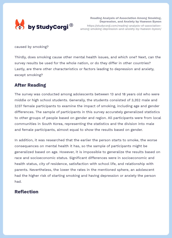 Reading Analysis of Association Among Smoking, Depression, and Anxiety by Haewon Byeon. Page 2