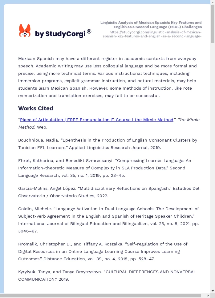 Linguistic Analysis of Mexican Spanish: Key Features and English as a Second Language (ESOL) Challenges. Page 2