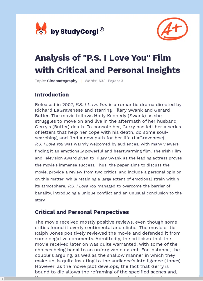 Analysis of "P.S. I Love You" Film with Critical and Personal Insights. Page 1