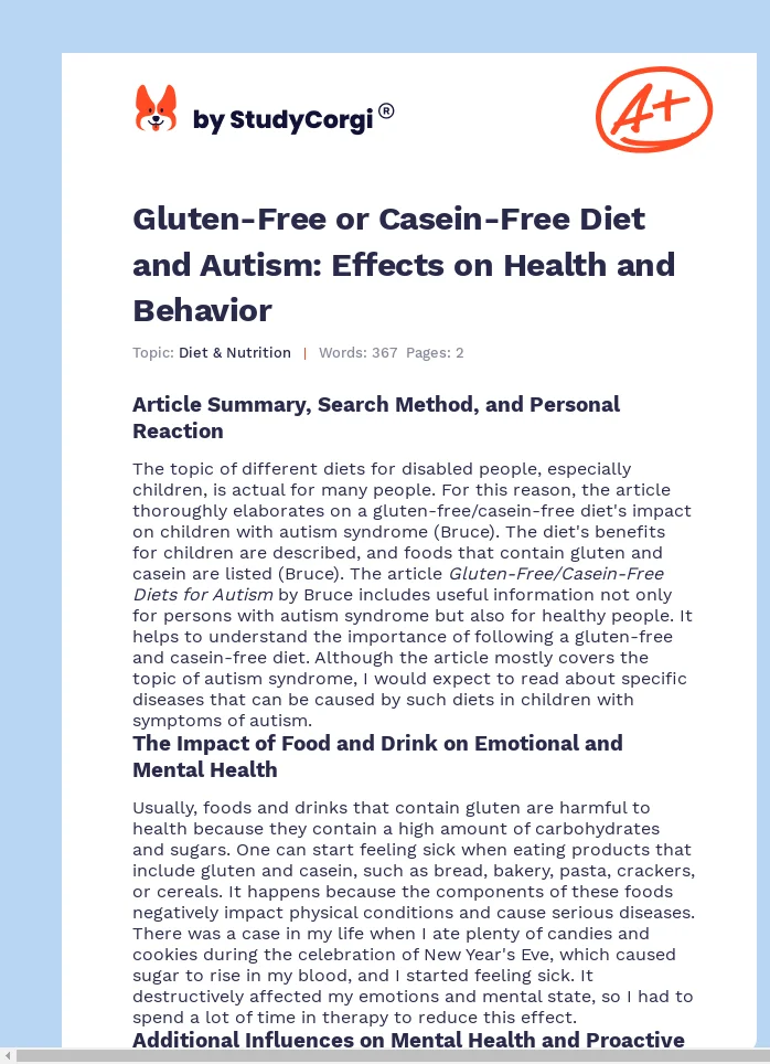 Gluten-Free or Casein-Free Diet and Autism: Effects on Health and Behavior. Page 1