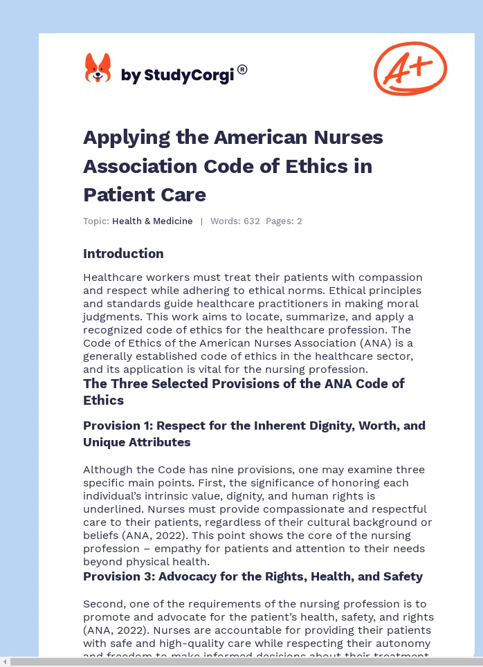 Applying the American Nurses Association Code of Ethics in Patient Care. Page 1