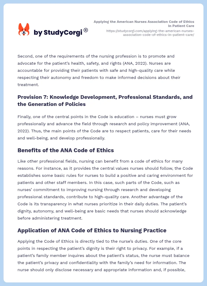 Applying the American Nurses Association Code of Ethics in Patient Care. Page 2