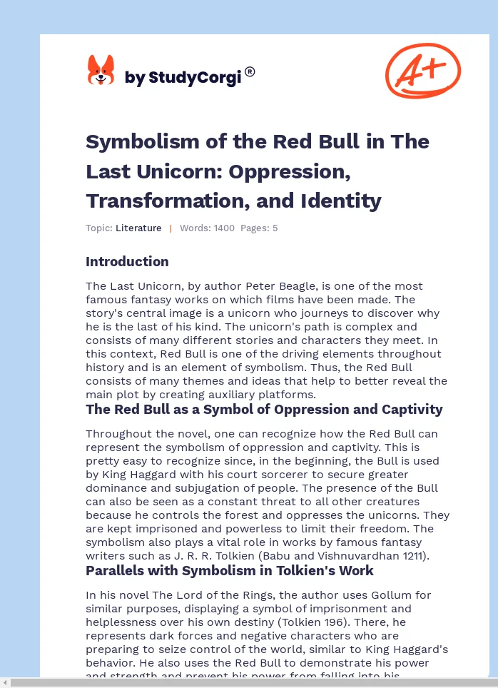 Symbolism of the Red Bull in The Last Unicorn: Oppression, Transformation, and Identity. Page 1
