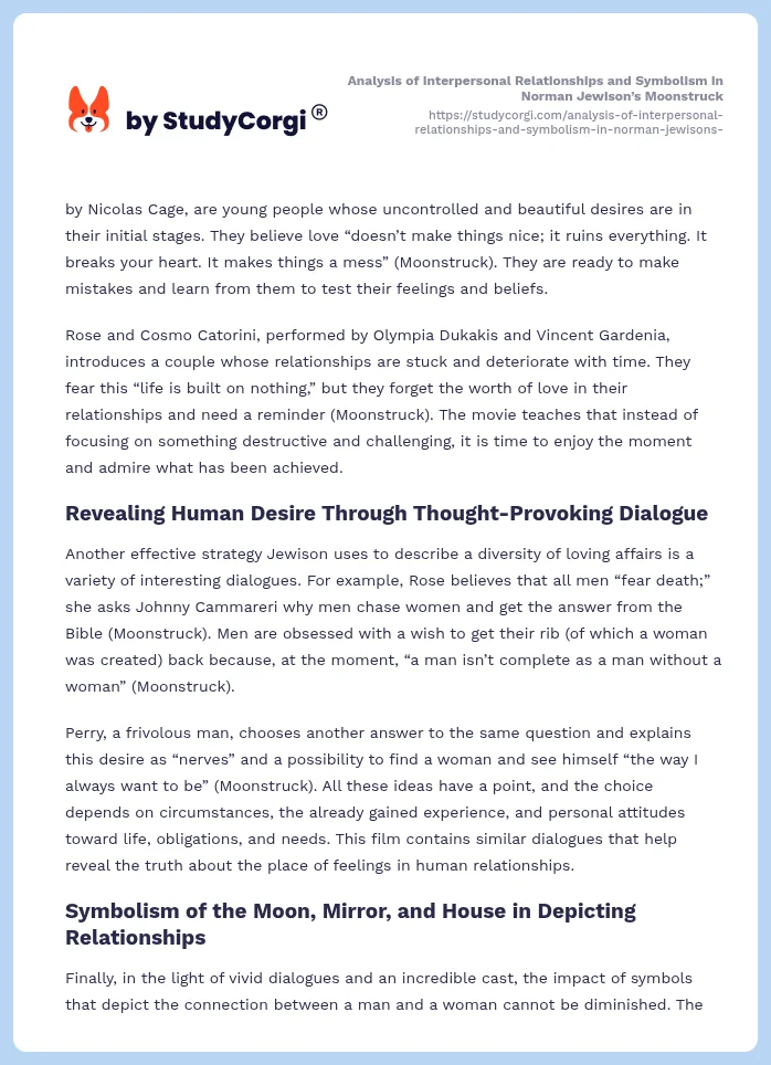 Analysis of Interpersonal Relationships and Symbolism in Norman Jewison’s Moonstruck. Page 2