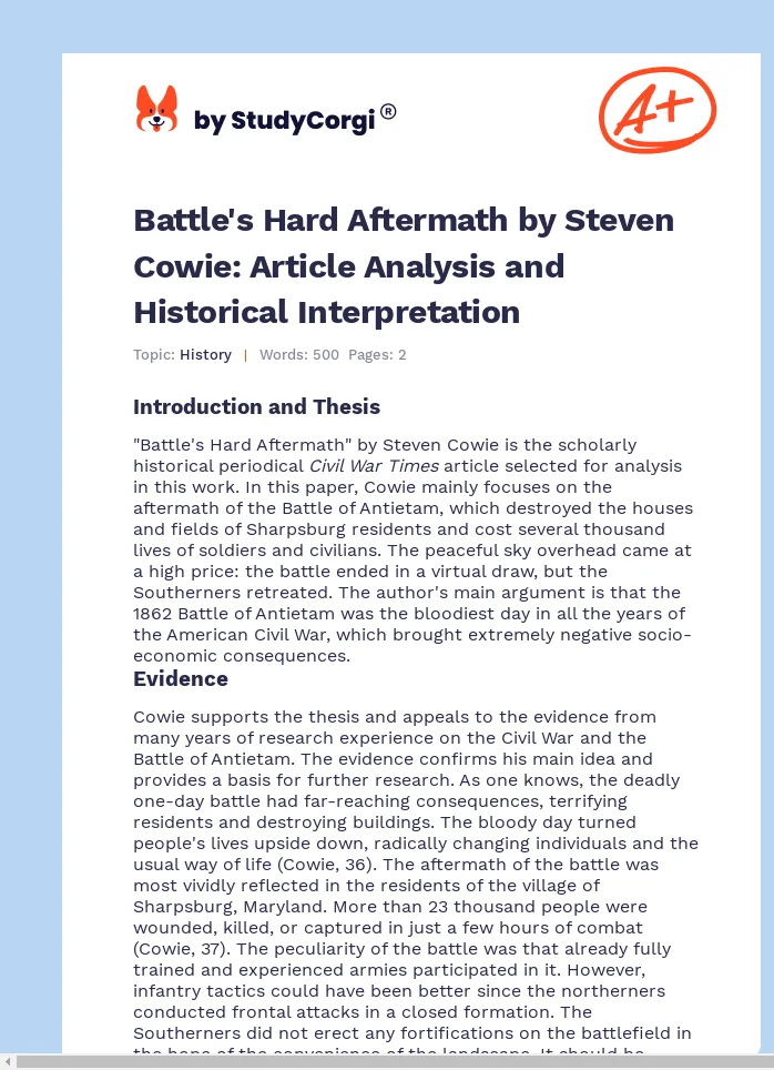 Battle's Hard Aftermath by Steven Cowie: Article Analysis and Historical Interpretation. Page 1