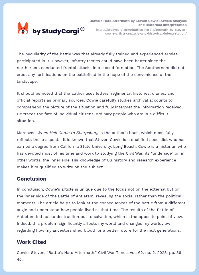 Battle's Hard Aftermath by Steven Cowie: Article Analysis and Historical Interpretation. Page 2