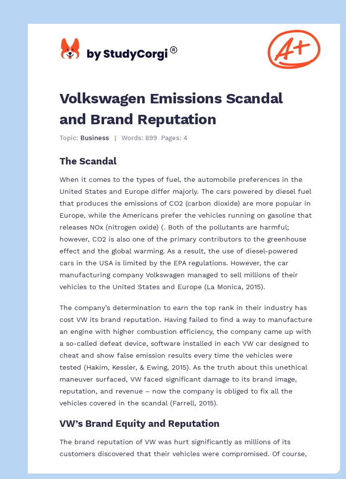 Volkswagen Emissions Scandal and Brand Reputation. Page 1