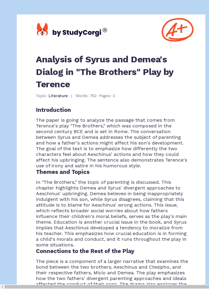 Analysis of Syrus and Demea's Dialog in "The Brothers" Play by Terence. Page 1