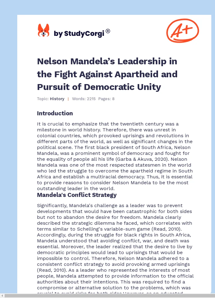 Nelson Mandela’s Leadership in the Fight Against Apartheid and Pursuit of Democratic Unity. Page 1