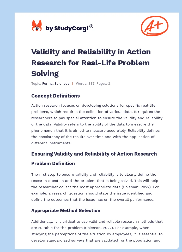 Validity and Reliability in Action Research for Real-Life Problem Solving. Page 1