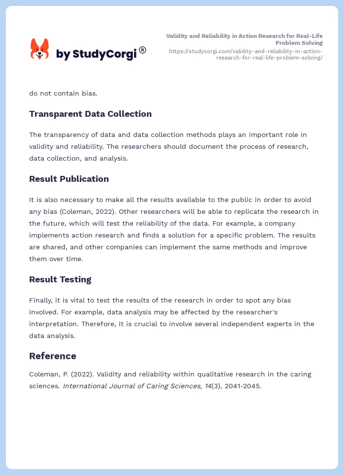 Validity and Reliability in Action Research for Real-Life Problem Solving. Page 2