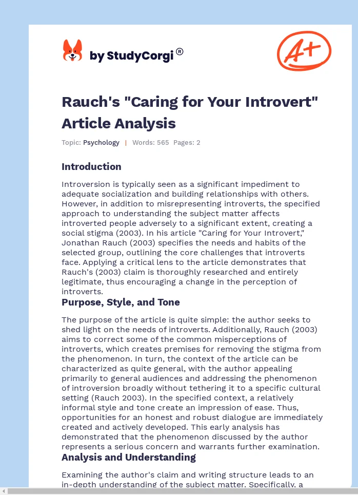 Rauch's "Caring for Your Introvert" Article Analysis. Page 1