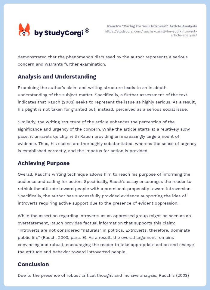 Rauch's "Caring for Your Introvert" Article Analysis. Page 2