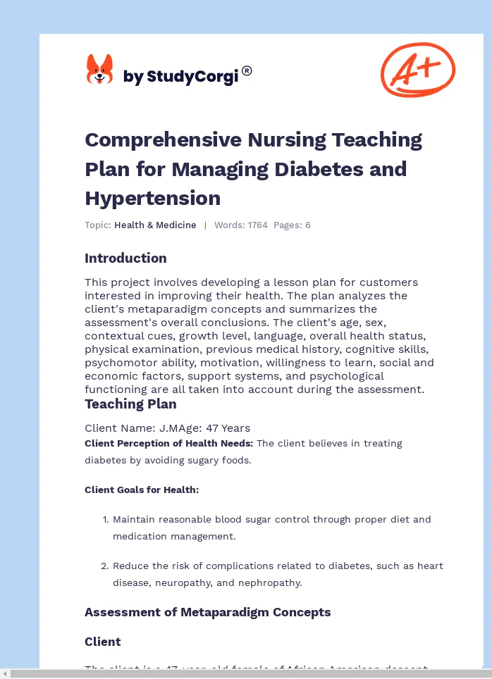 Comprehensive Nursing Teaching Plan for Managing Diabetes and Hypertension. Page 1