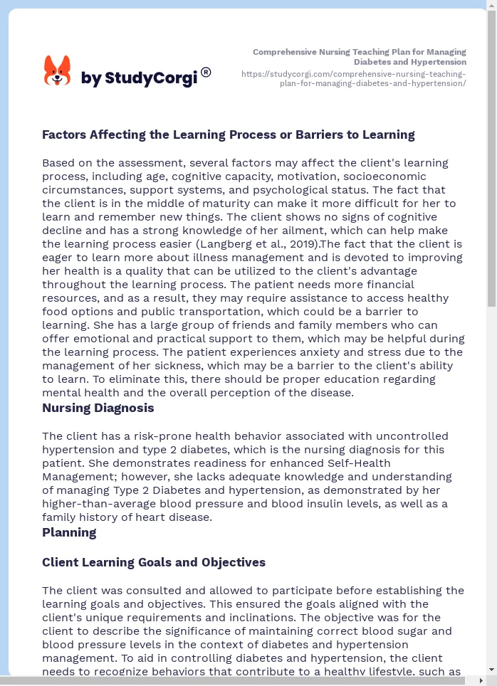 Comprehensive Nursing Teaching Plan for Managing Diabetes and Hypertension. Page 2