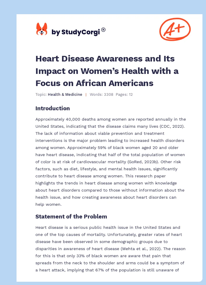 Heart Disease Awareness and Its Impact on Women’s Health with a Focus on African Americans. Page 1