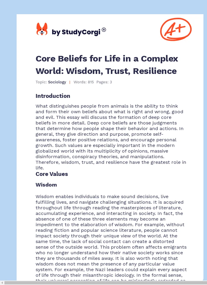 Core Beliefs for Life in a Complex World: Wisdom, Trust, Resilience. Page 1