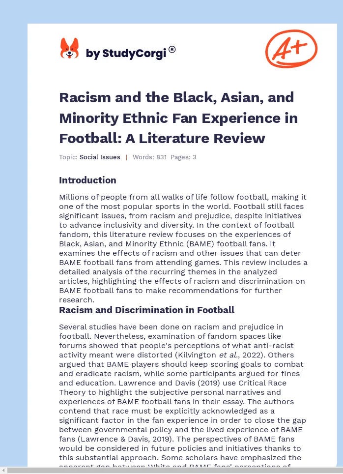 Racism and the Black, Asian, and Minority Ethnic Fan Experience in Football: A Literature Review. Page 1