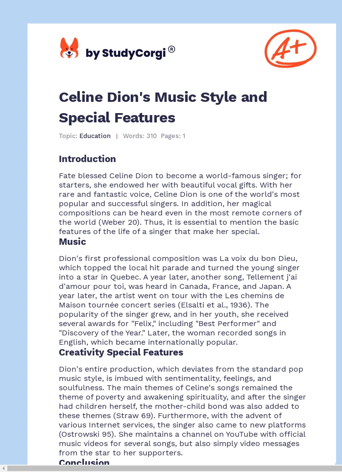 Celine Dion's Music Style and Special Features. Page 1