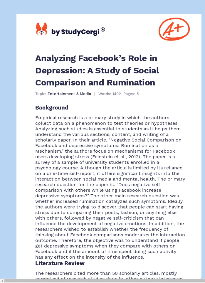 Analyzing Facebook’s Role in Depression: A Study of Social Comparison and Rumination. Page 1