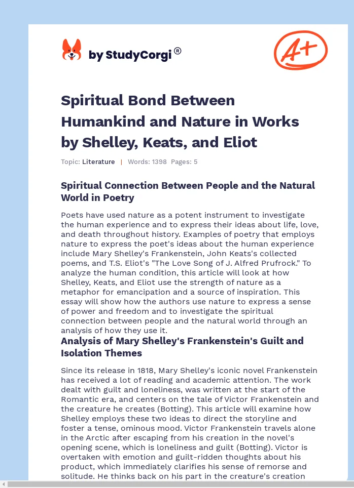 Spiritual Bond Between Humankind and Nature in Works by Shelley, Keats, and Eliot. Page 1