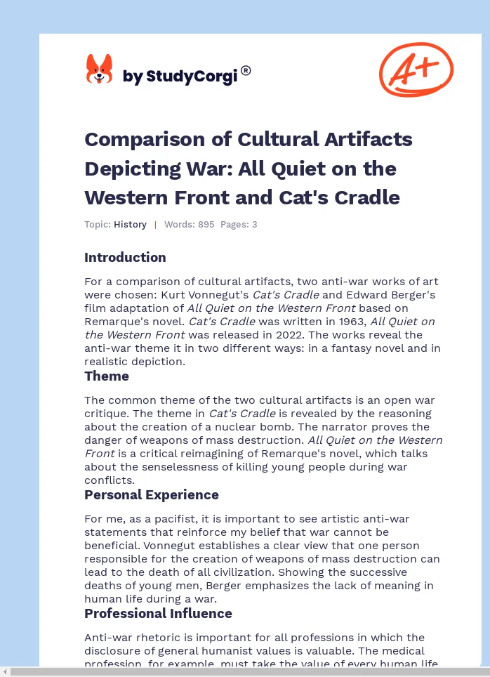 Comparison of Cultural Artifacts Depicting War: All Quiet on the Western Front and Cat's Cradle. Page 1