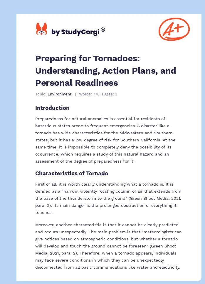 Preparing for Tornadoes: Understanding, Action Plans, and Personal Readiness. Page 1