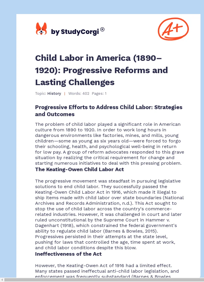 Child Labor in America (1890–1920): Progressive Reforms and Lasting Challenges. Page 1