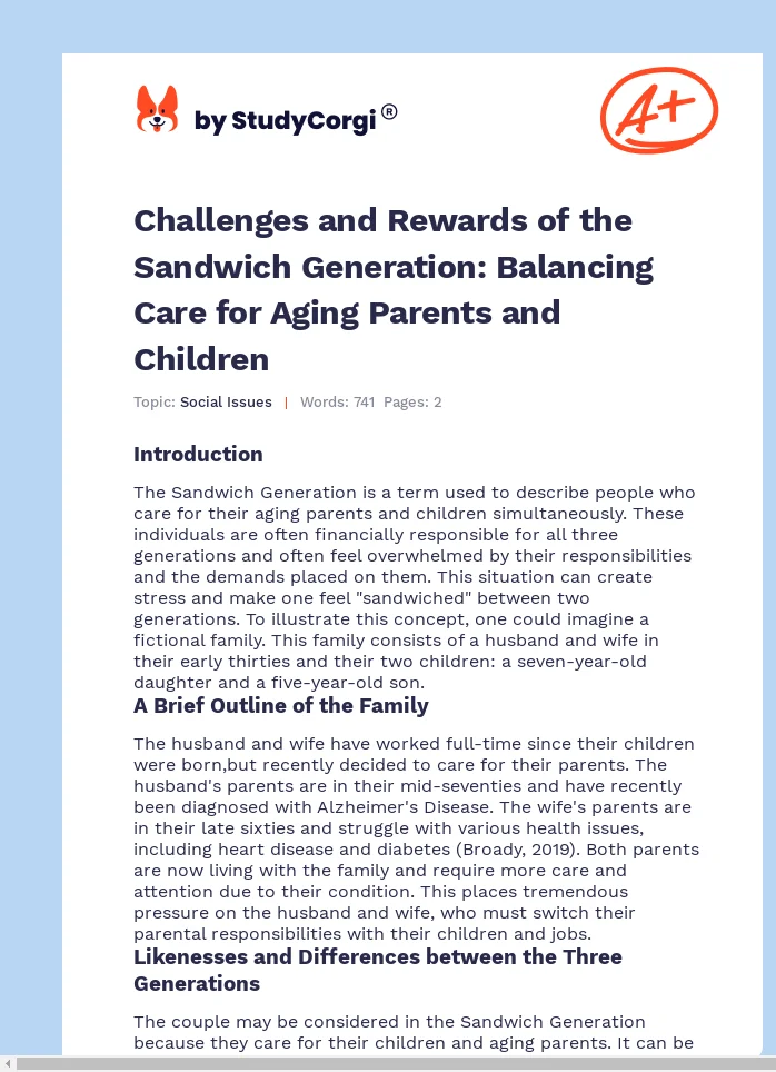 Challenges and Rewards of the Sandwich Generation: Balancing Care for Aging Parents and Children. Page 1