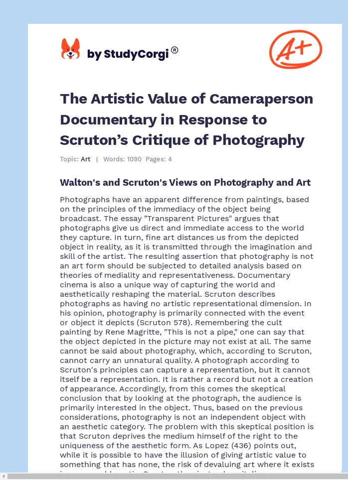 The Artistic Value of Cameraperson Documentary in Response to Scruton’s Critique of Photography. Page 1