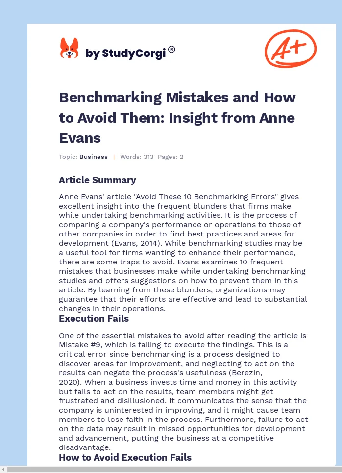 Benchmarking Mistakes and How to Avoid Them: Insight from Anne Evans. Page 1