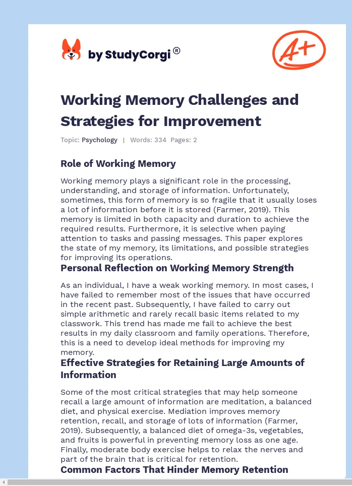 Working Memory Challenges and Strategies for Improvement. Page 1