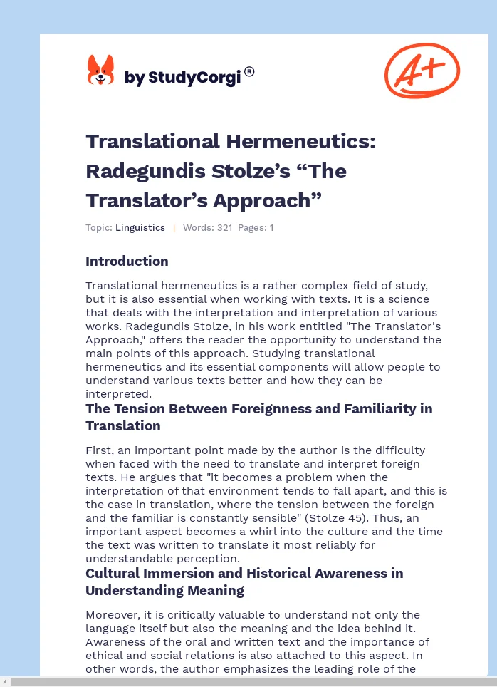 Translational Hermeneutics: Radegundis Stolze’s “The Translator’s Approach”. Page 1