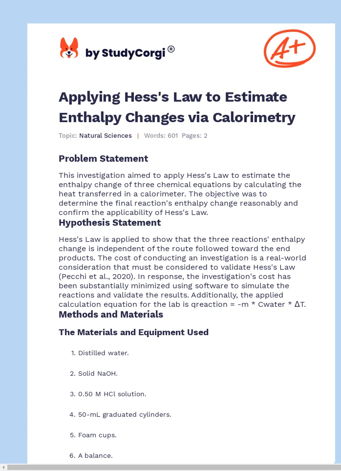 Applying Hess's Law to Estimate Enthalpy Changes via Calorimetry. Page 1