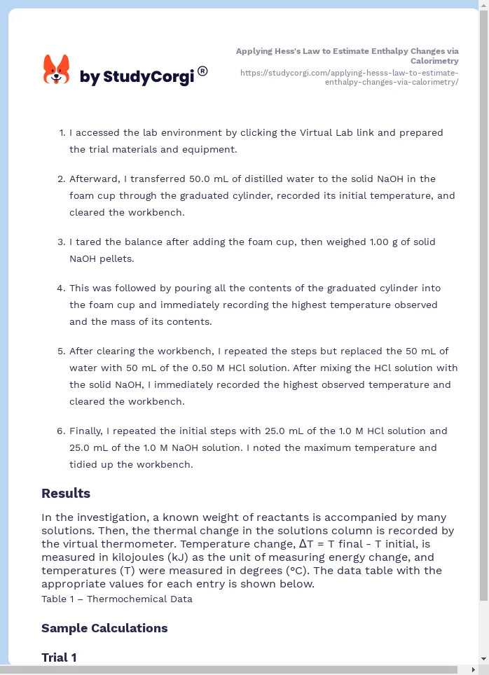 Applying Hess's Law to Estimate Enthalpy Changes via Calorimetry. Page 2
