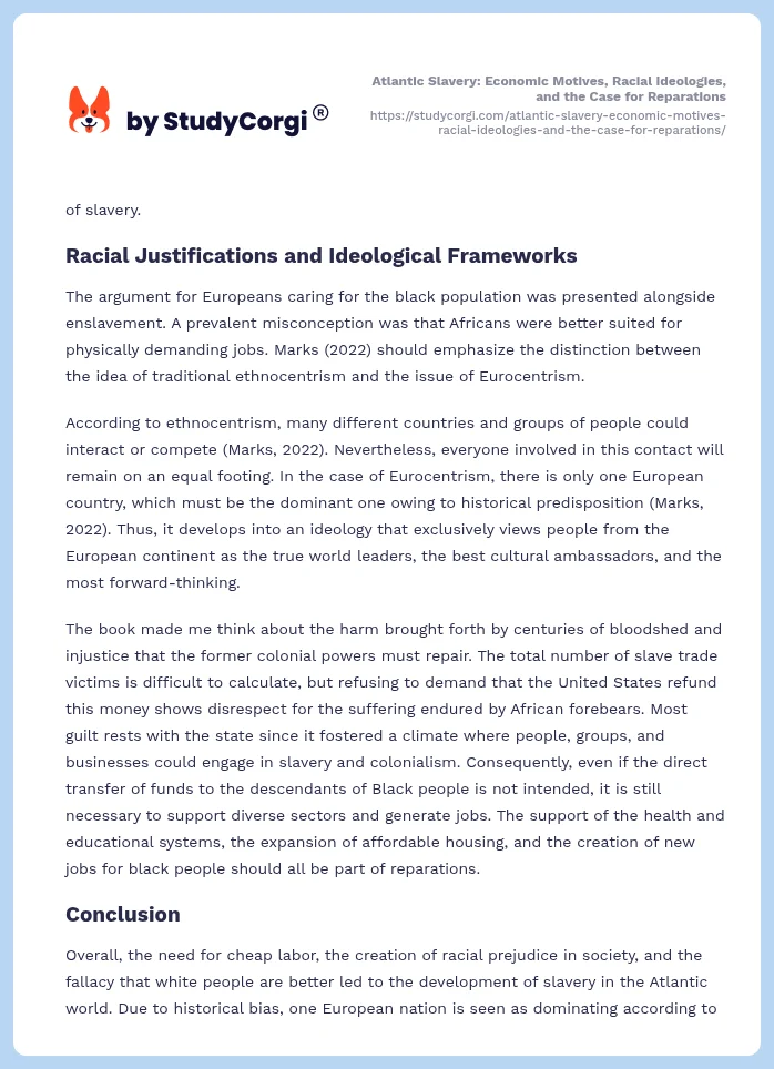 Atlantic Slavery: Economic Motives, Racial Ideologies, and the Case for Reparations. Page 2