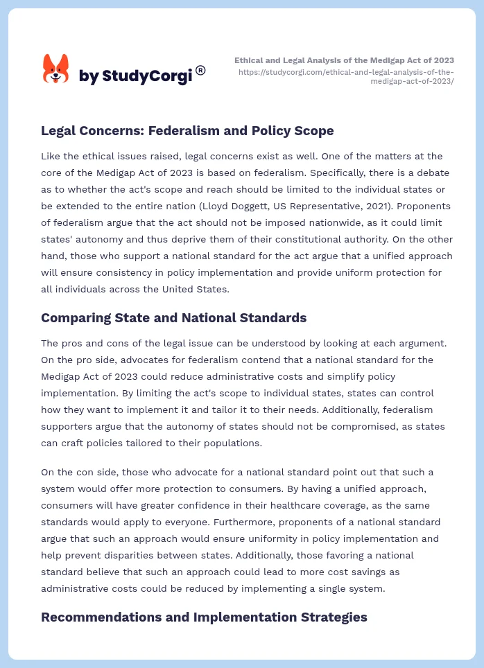 Ethical and Legal Analysis of the Medigap Act of 2023. Page 2