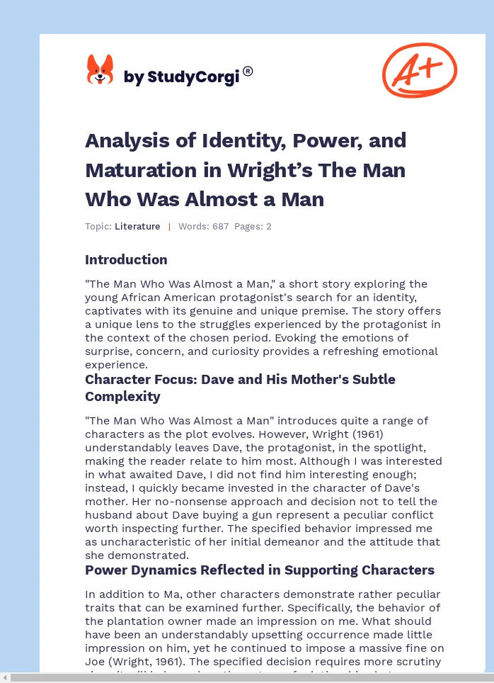 Analysis of Identity, Power, and Maturation in Wright’s The Man Who Was Almost a Man. Page 1