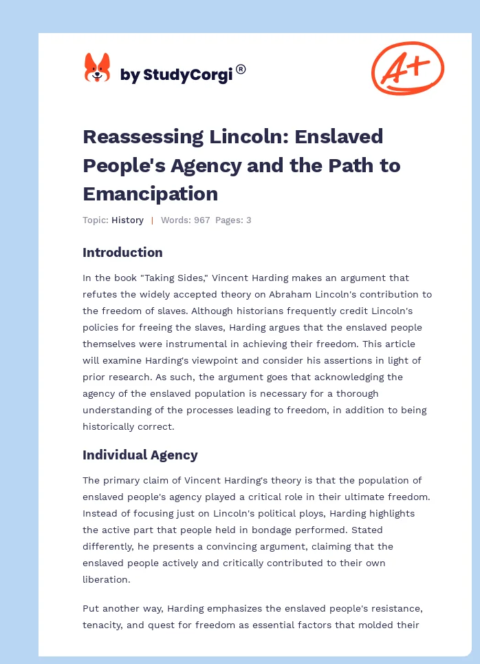 Reassessing Lincoln: Enslaved People's Agency and the Path to Emancipation. Page 1