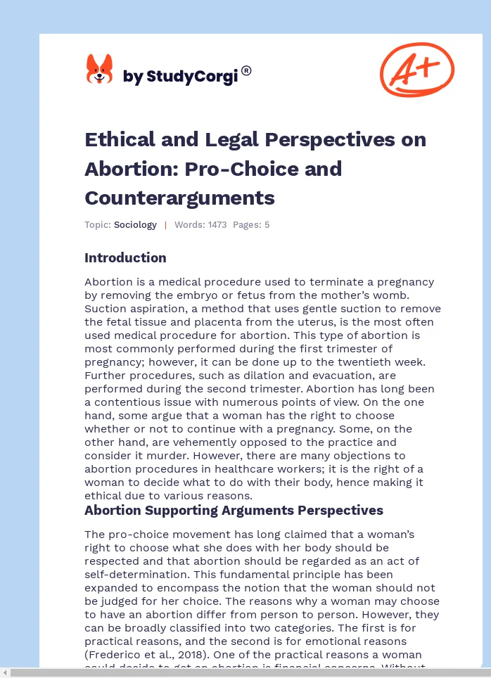 Ethical and Legal Perspectives on Abortion: Pro-Choice and Counterarguments. Page 1